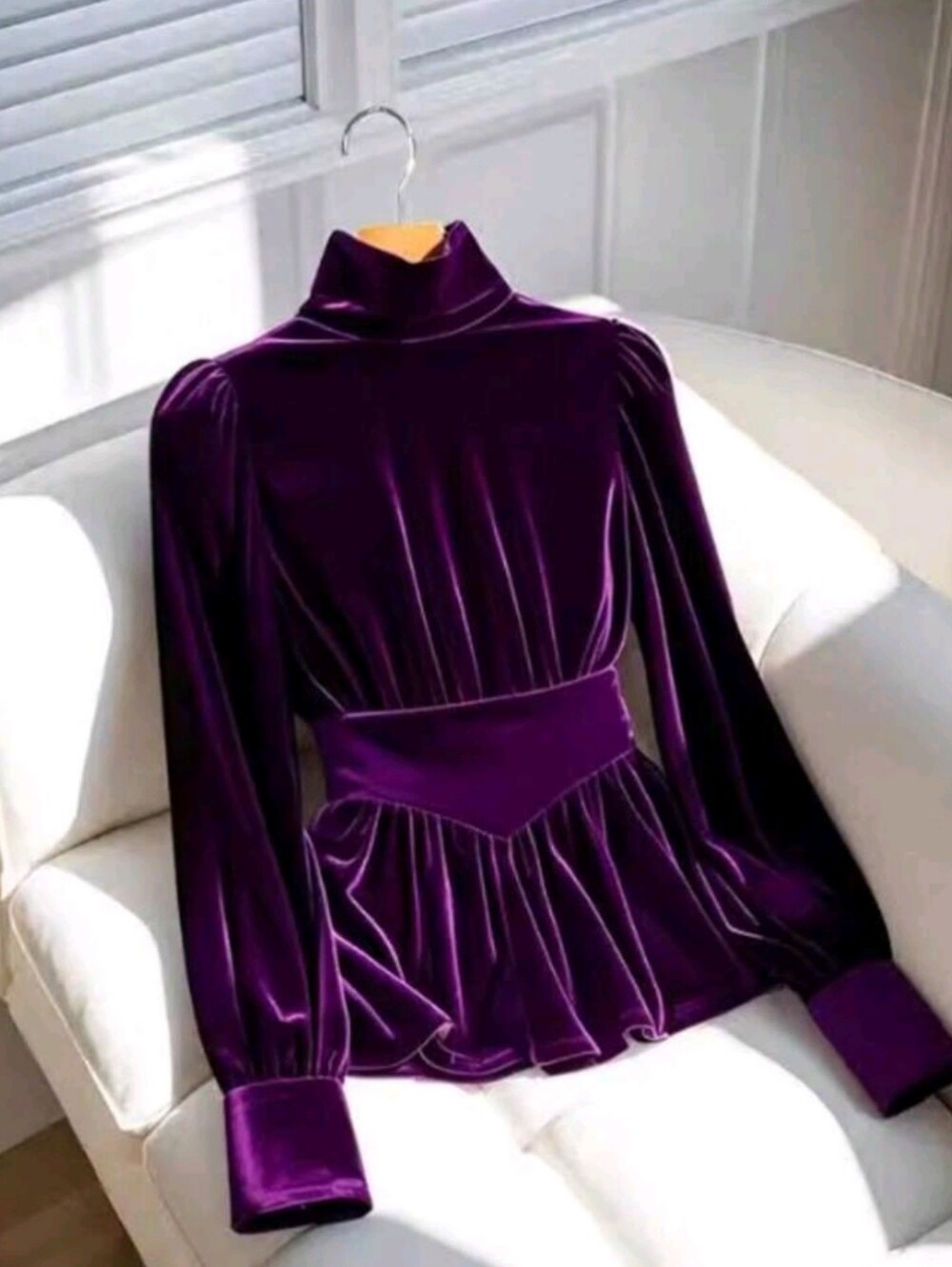 Women Deep Purple Velvet High Neck Cinched Waist Flared Hem Elegant Soph